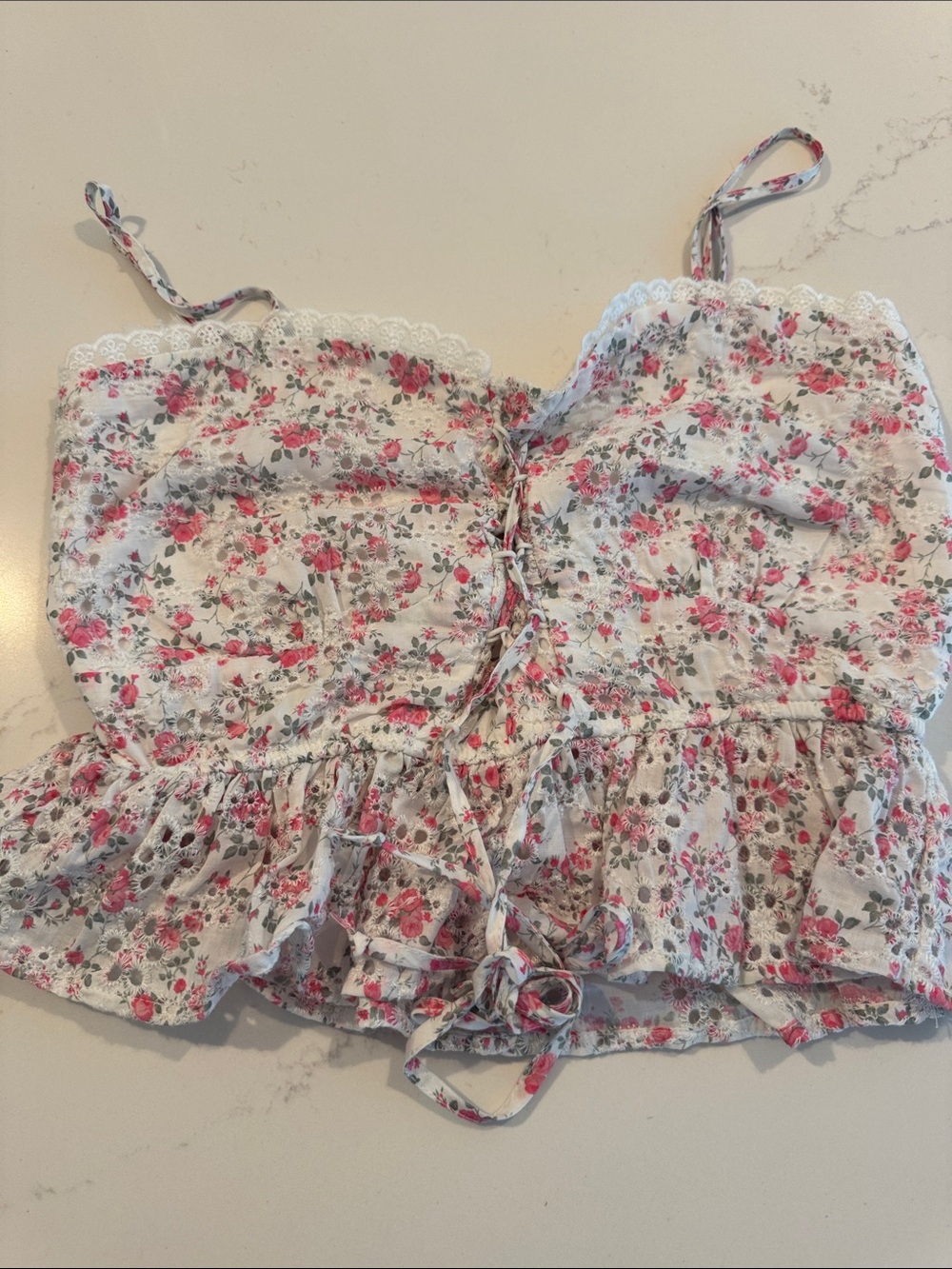 Altar'd State Pink Floral Lace-Trim Ruffled Cami